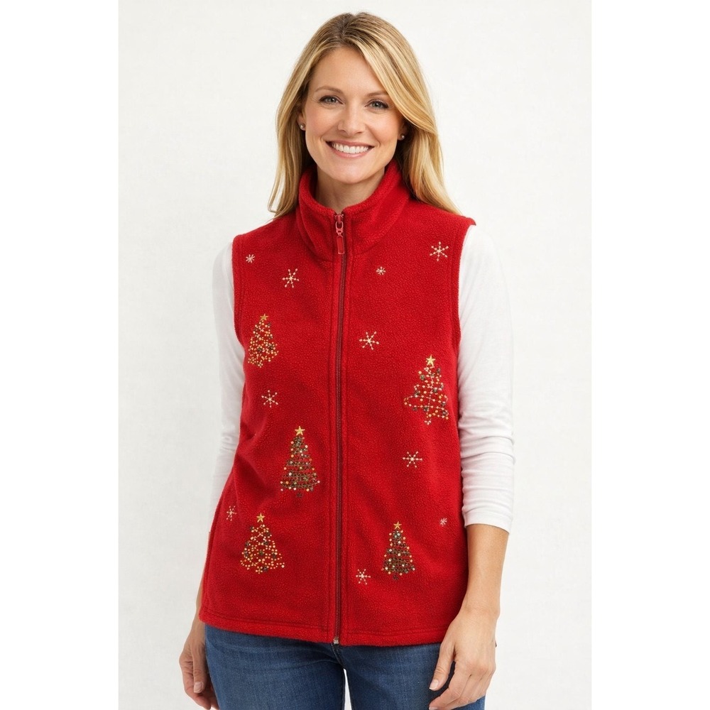 Drapers & Damons Red Fleece Vest Embroidered Christmas VTG Trees Holiday Zip PXS